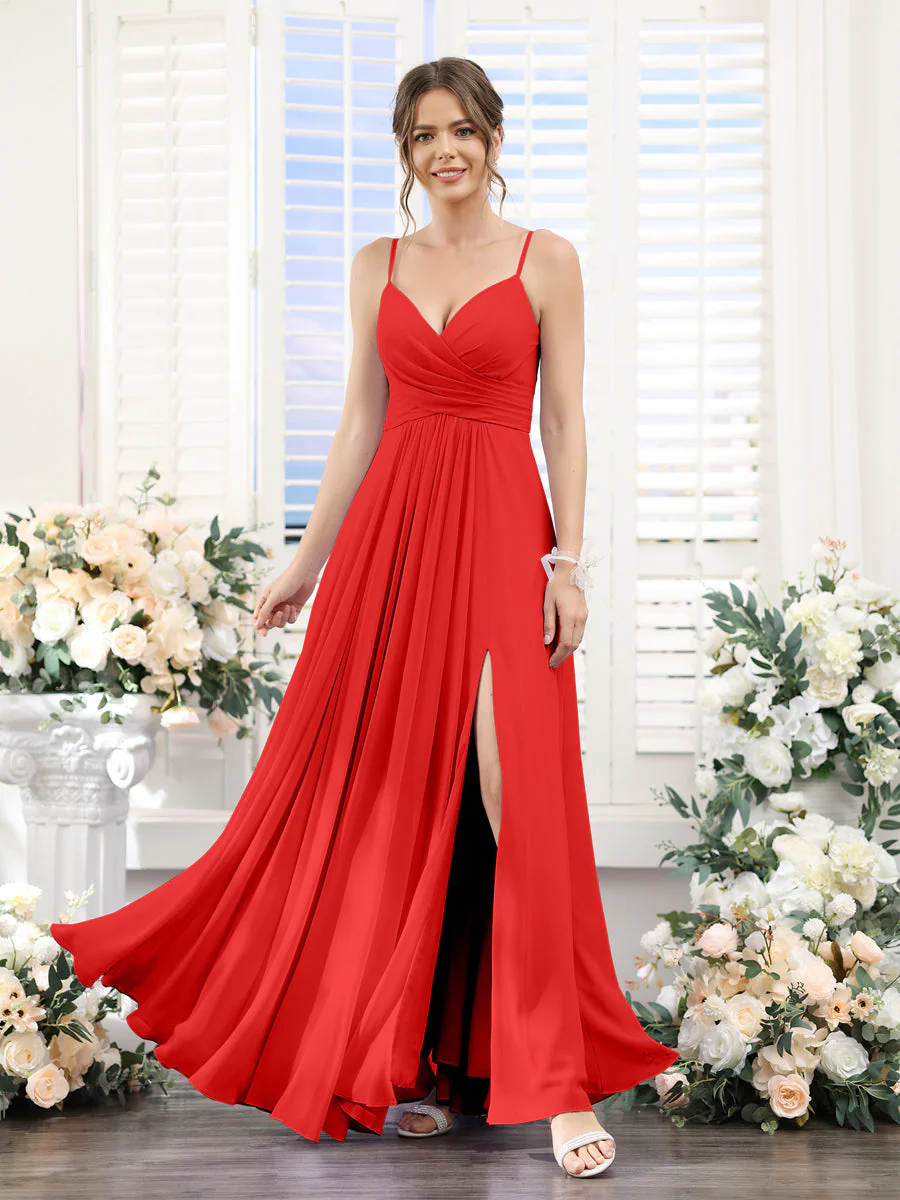 A-Line V-Neck Spaghetti Straps Sleeveless Split Side Floor-Length Chiffon Bridesmaid Dresses - Image 35