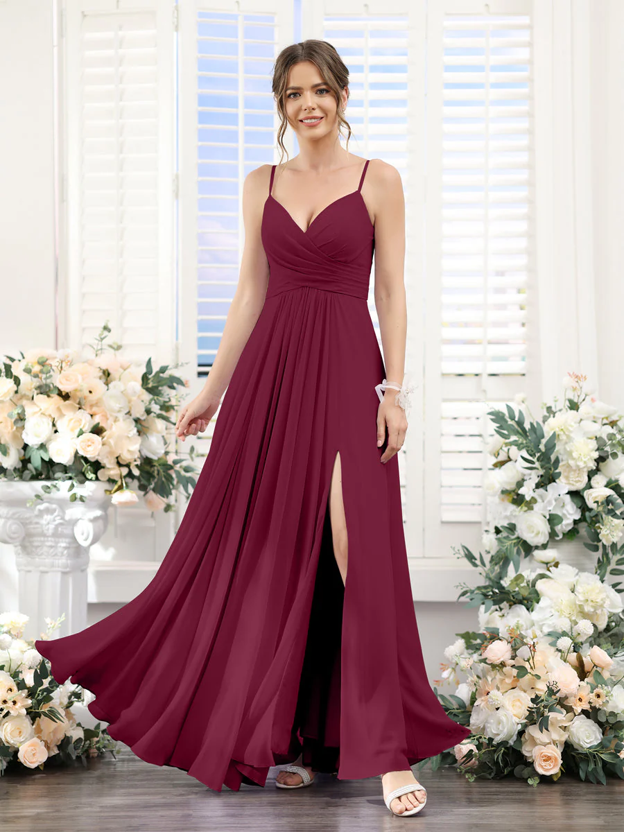 A-Line V-Neck Spaghetti Straps Sleeveless Split Side Floor-Length Chiffon Bridesmaid Dresses - Image 37