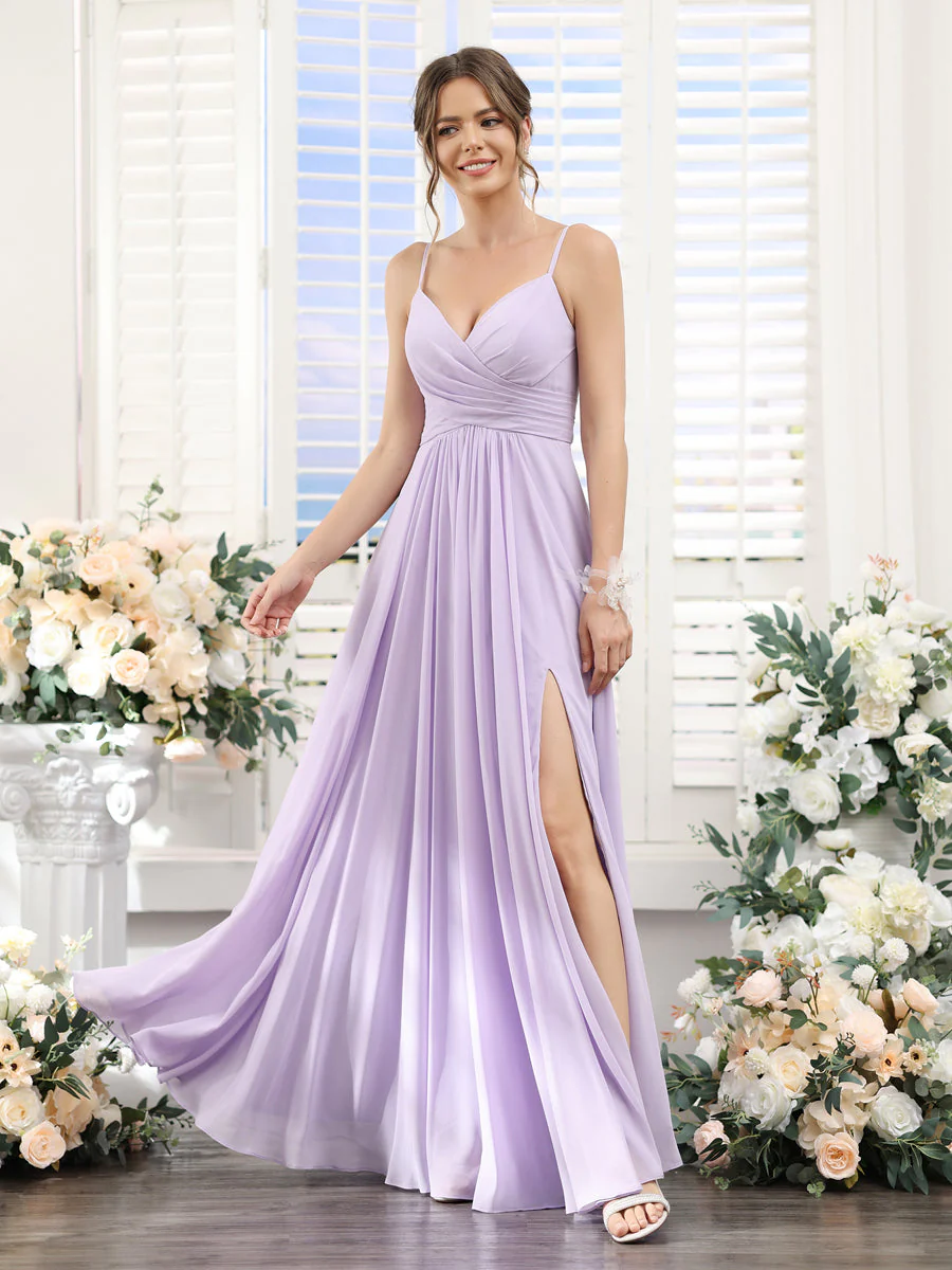A-Line V-Neck Spaghetti Straps Sleeveless Split Side Floor-Length Chiffon Bridesmaid Dresses - Image 4