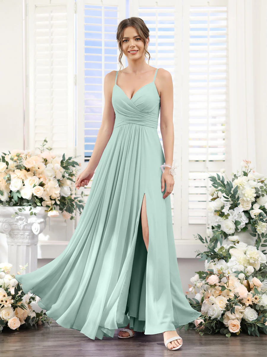 A-Line V-Neck Spaghetti Straps Sleeveless Split Side Floor-Length Chiffon Bridesmaid Dresses - Image 59