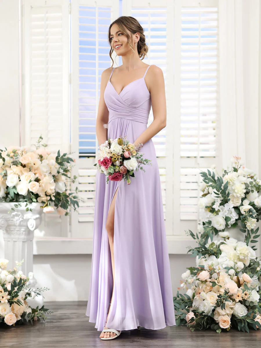 A-Line V-Neck Spaghetti Straps Sleeveless Split Side Floor-Length Chiffon Bridesmaid Dresses - Image 6