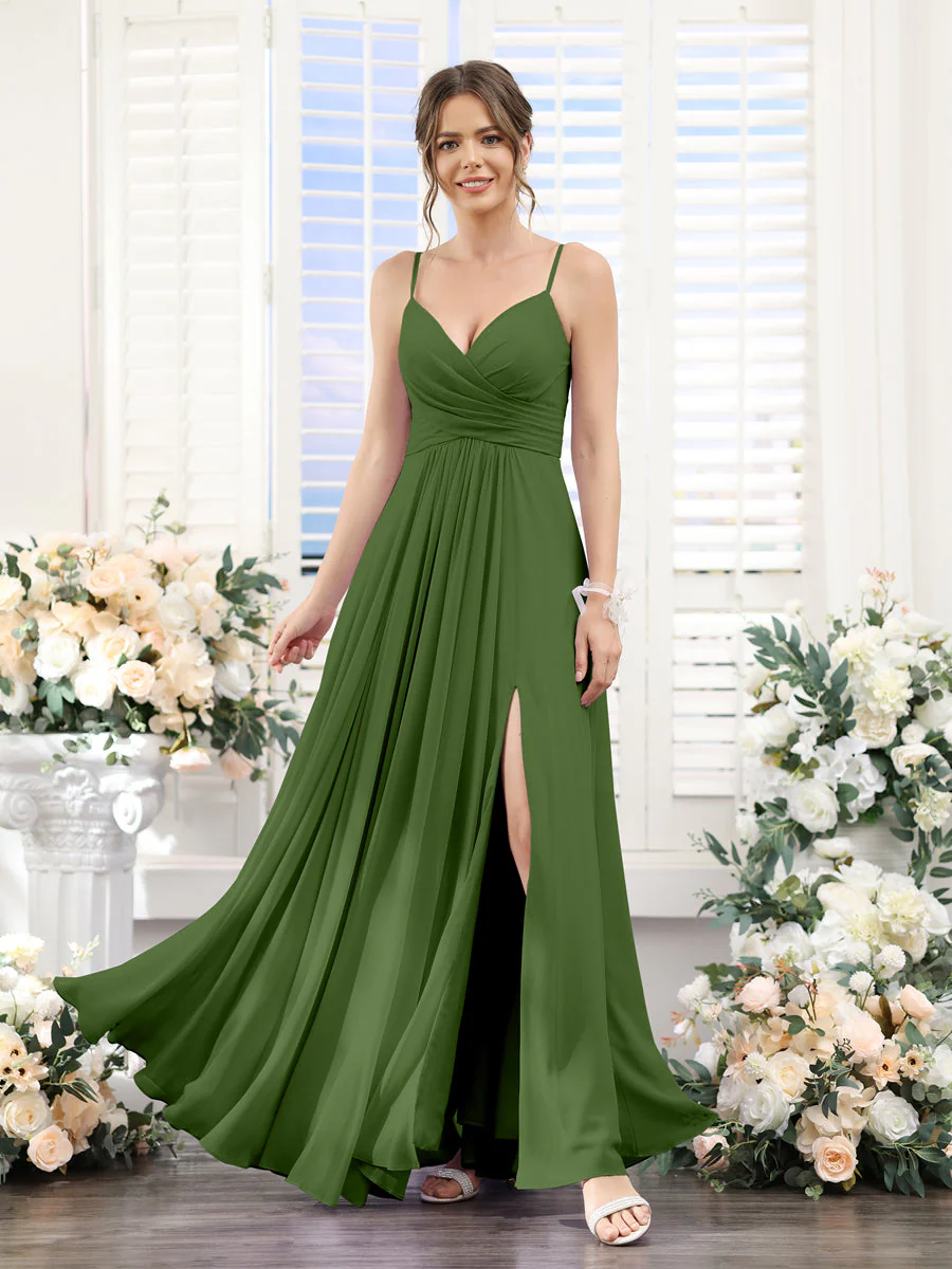 A-Line V-Neck Spaghetti Straps Sleeveless Split Side Floor-Length Chiffon Bridesmaid Dresses - Image 64