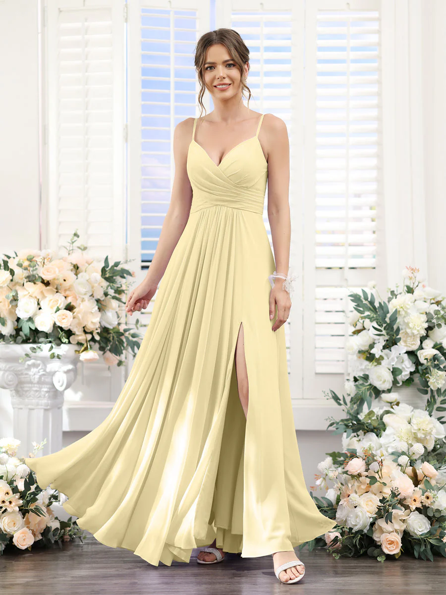 A-Line V-Neck Spaghetti Straps Sleeveless Split Side Floor-Length Chiffon Bridesmaid Dresses - Image 67
