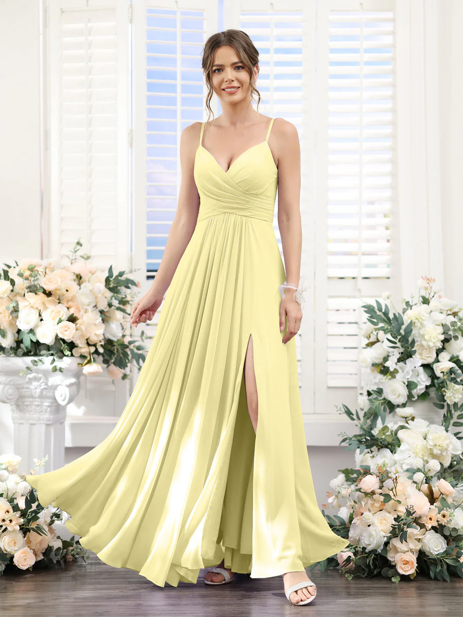 A-Line V-Neck Spaghetti Straps Sleeveless Split Side Floor-Length Chiffon Bridesmaid Dresses - Image 68