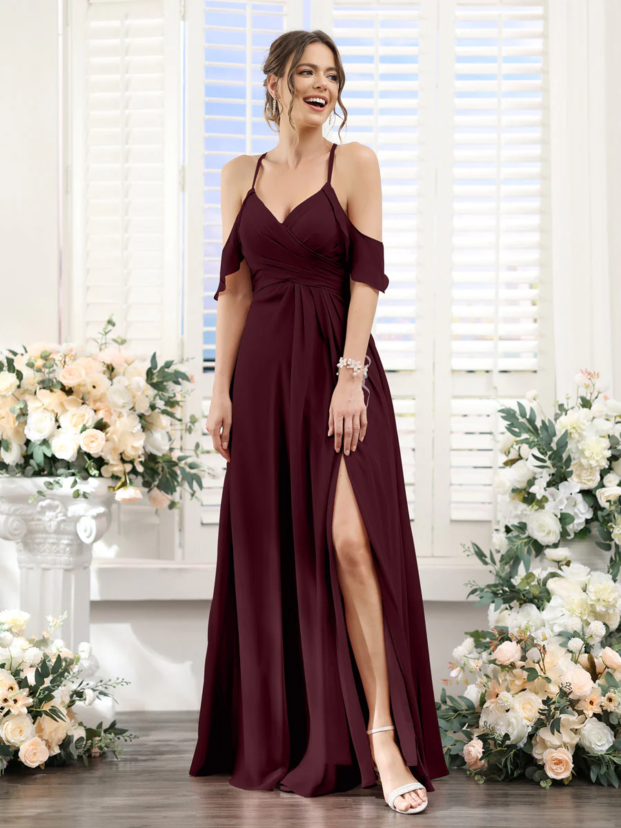 A-Line V-Neck Spaghetti Straps Split Side Floor-Length Chiffon Bridesmaid Dresses - Image 12