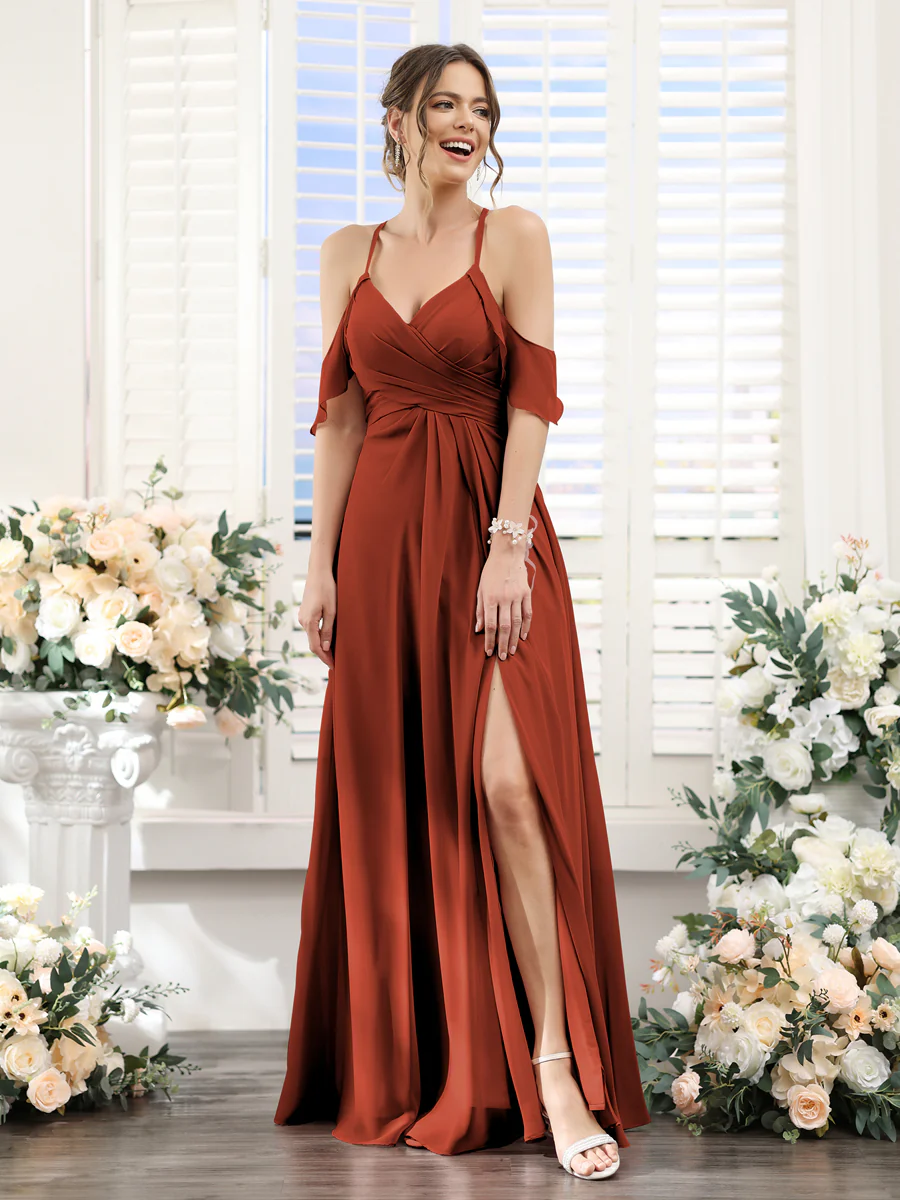 A-Line V-Neck Spaghetti Straps Split Side Floor-Length Chiffon Bridesmaid Dresses - Image 13