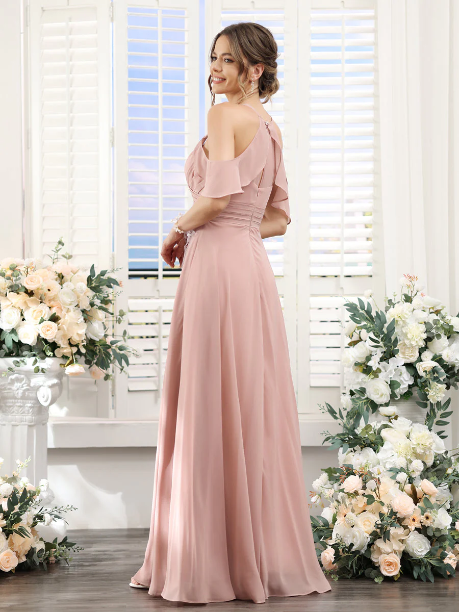 A-Line V-Neck Spaghetti Straps Split Side Floor-Length Chiffon Bridesmaid Dresses - Image 2