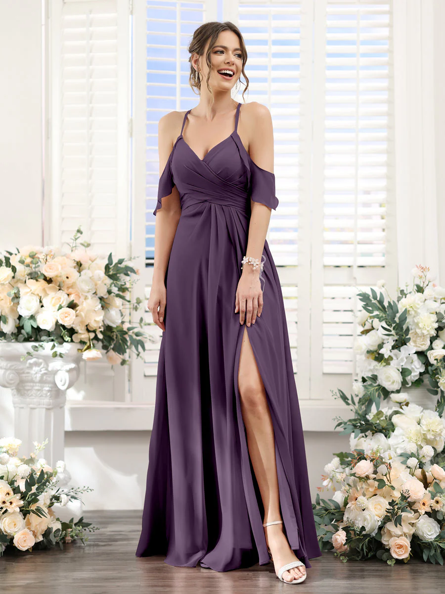A-Line V-Neck Spaghetti Straps Split Side Floor-Length Chiffon Bridesmaid Dresses - Image 46