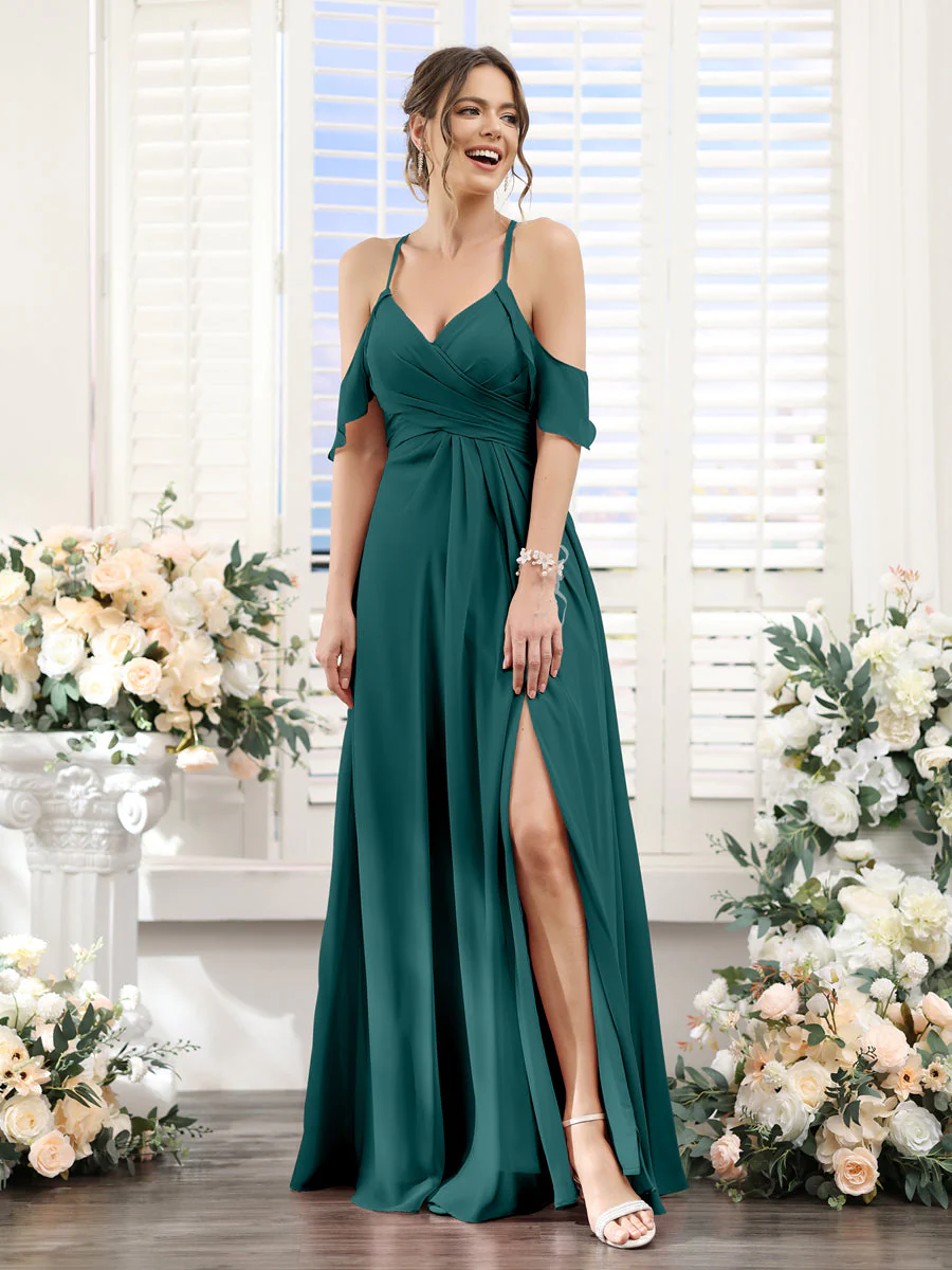 A-Line V-Neck Spaghetti Straps Split Side Floor-Length Chiffon Bridesmaid Dresses - Image 66