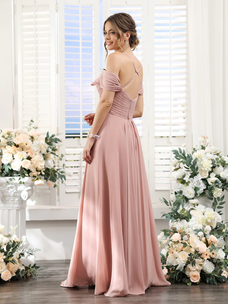 A-Line V-Neck Spaghetti Straps Split Side Floor-Length Chiffon Bridesmaid Dresses - Image 2