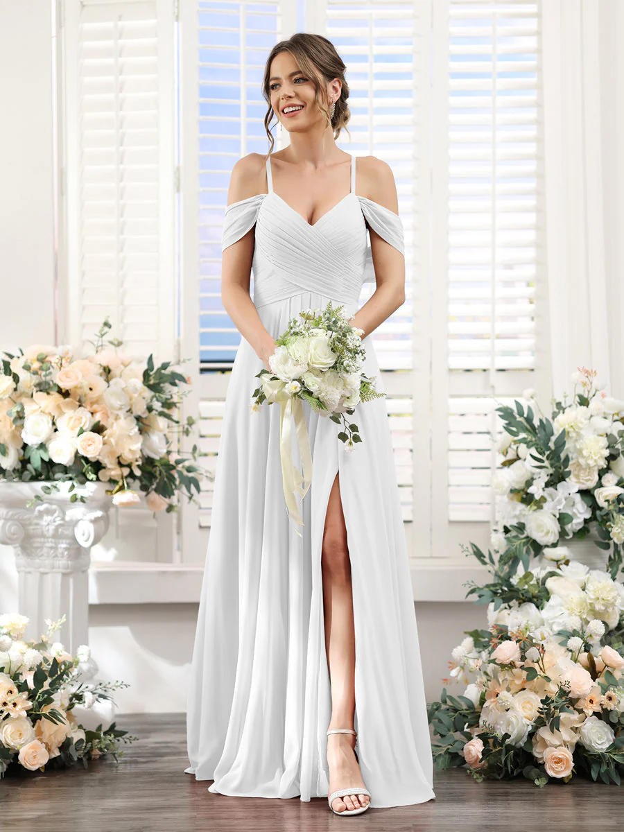 A-Line V-Neck Spaghetti Straps Split Side Floor-Length Chiffon Bridesmaid Dresses - Image 20