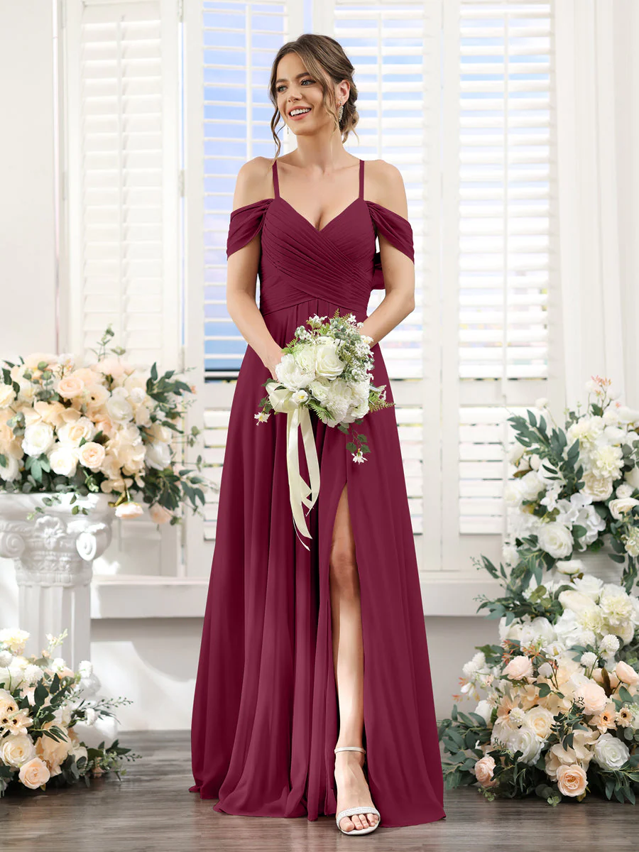 A-Line V-Neck Spaghetti Straps Split Side Floor-Length Chiffon Bridesmaid Dresses - Image 38