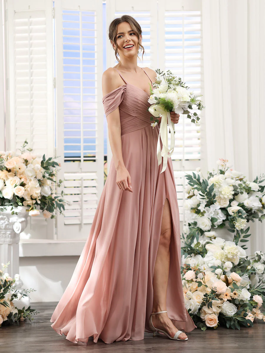 A-Line V-Neck Spaghetti Straps Split Side Floor-Length Chiffon Bridesmaid Dresses - Image 6