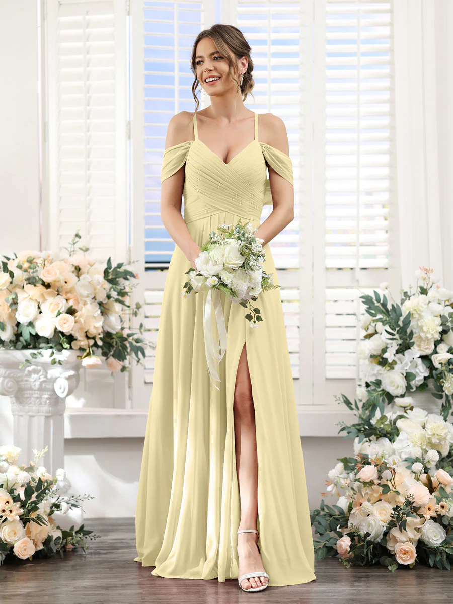 A-Line V-Neck Spaghetti Straps Split Side Floor-Length Chiffon Bridesmaid Dresses - Image 68