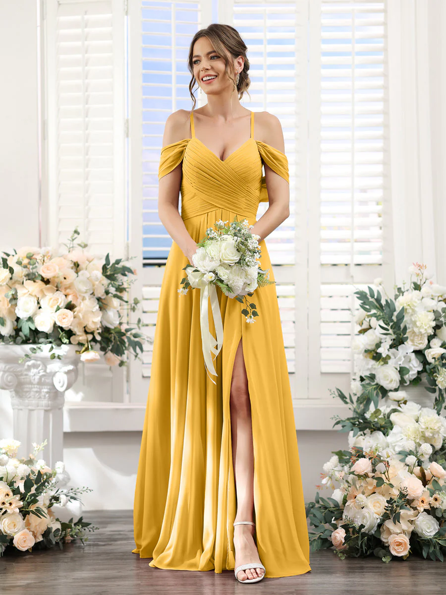 A-Line V-Neck Spaghetti Straps Split Side Floor-Length Chiffon Bridesmaid Dresses - Image 70