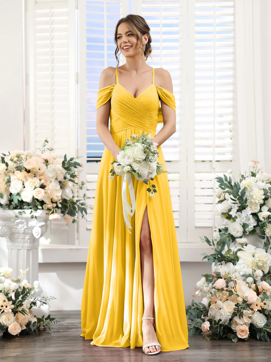 A-Line V-Neck Spaghetti Straps Split Side Floor-Length Chiffon Bridesmaid Dresses - Image 71