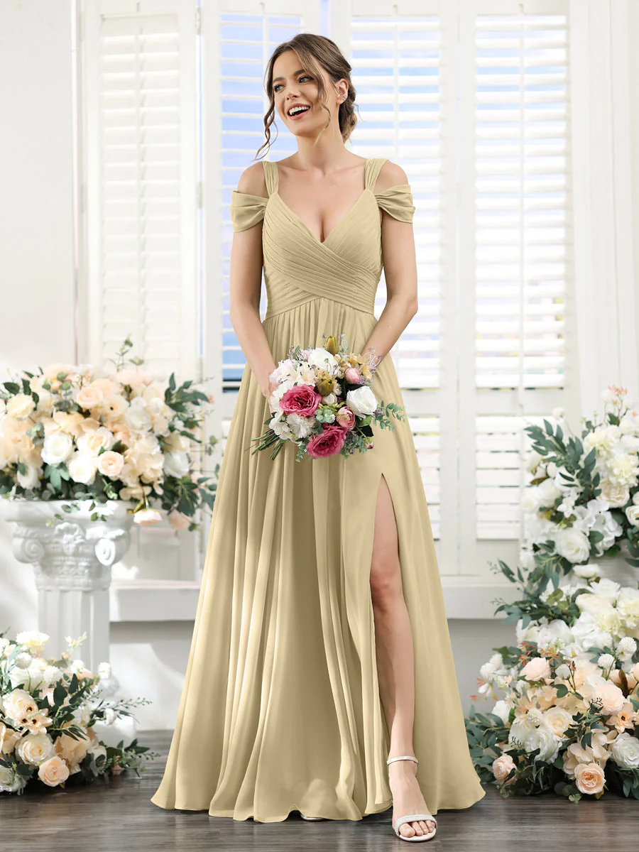 A-Line V-Neck Split Side Ruched Floor-Length Chiffon Bridesmaid Dresses - Image 23