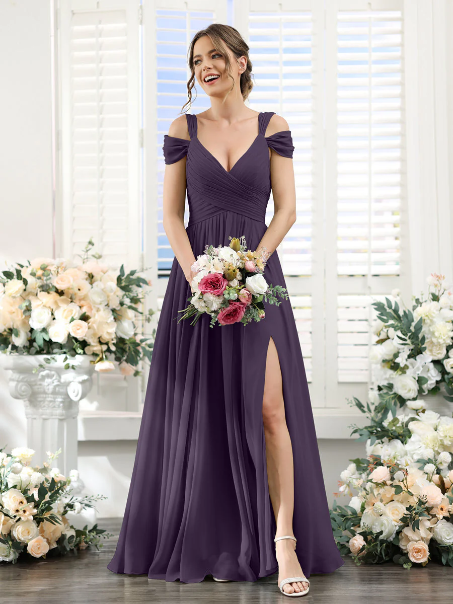 A-Line V-Neck Split Side Ruched Floor-Length Chiffon Bridesmaid Dresses - Image 44