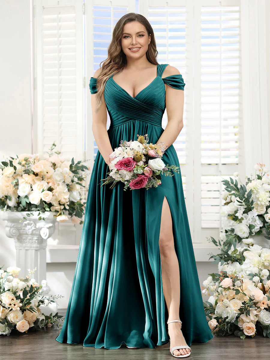 A-Line V-Neck Split Side Ruched Floor-Length Chiffon Plus Size Bridesmaid Dresses - Image 49
