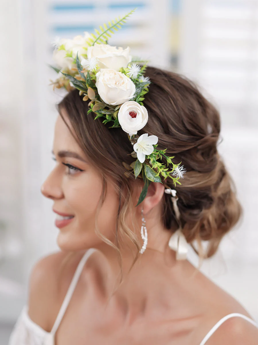 Artificial Ivory Bridal Garland Headbands Wedding Flower Crowns with Champagne Ribbon - Image 3