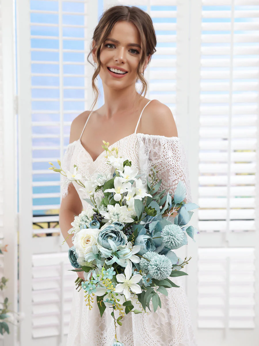 Artificial Freeform Wedding Bridal Bouquets in Blue & Ivory - Image 3