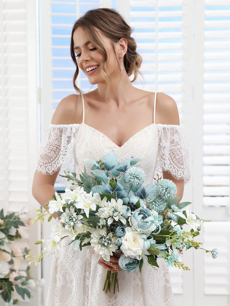 Artificial Freeform Wedding Bridal Bouquets in Blue & Ivory - Image 4
