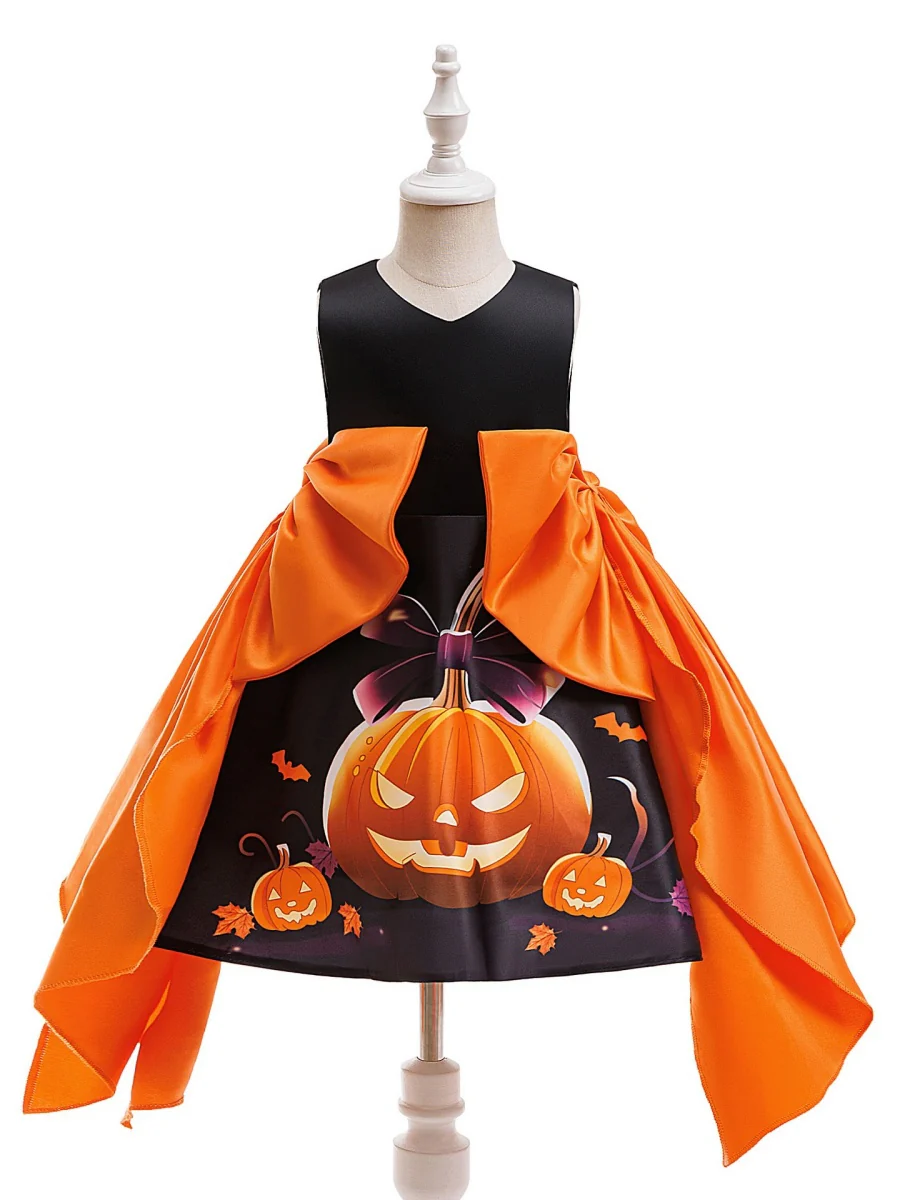 Ball Gown Crew-Neck Sleeveless Tea-Length Printed Halloween Dresses for Girls With Bowknot - Image 4