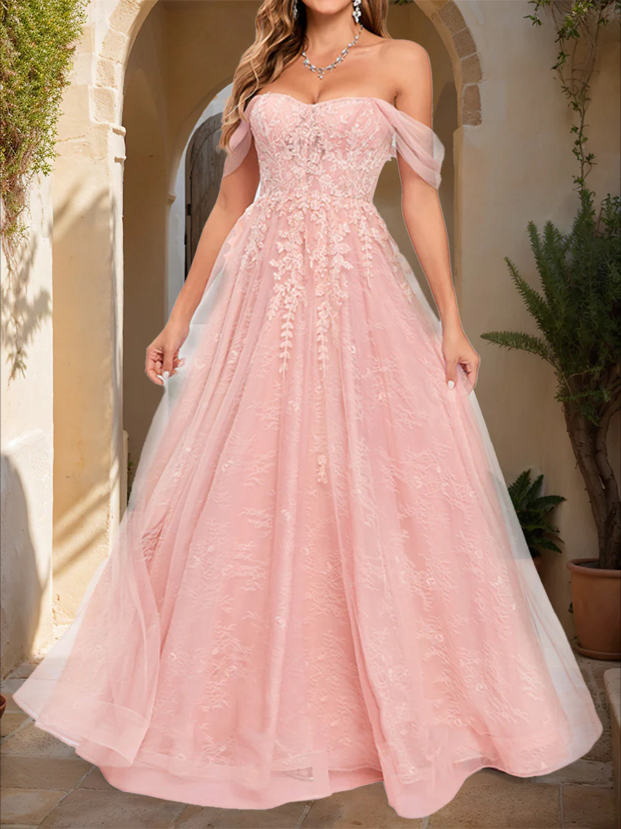 Ball Gown Off-the-Shoulder Short Sleeves Applique Prom Dresses - Image 3