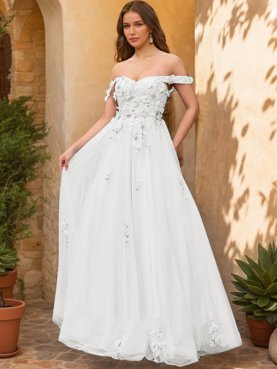 Ball Gown Off the Shoulder Short Sleeves Applique Prom Dresses - Image 14