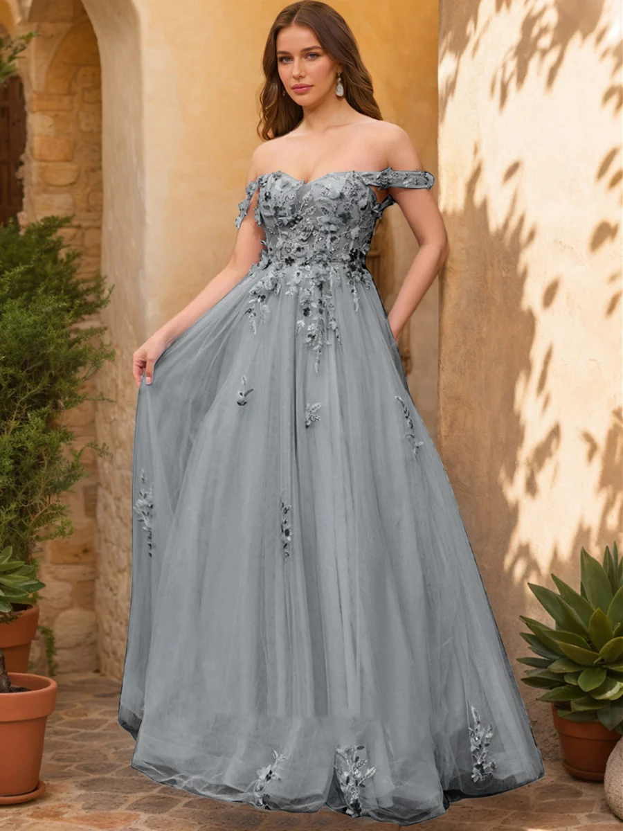 Ball Gown Off the Shoulder Short Sleeves Applique Prom Dresses - Image 18