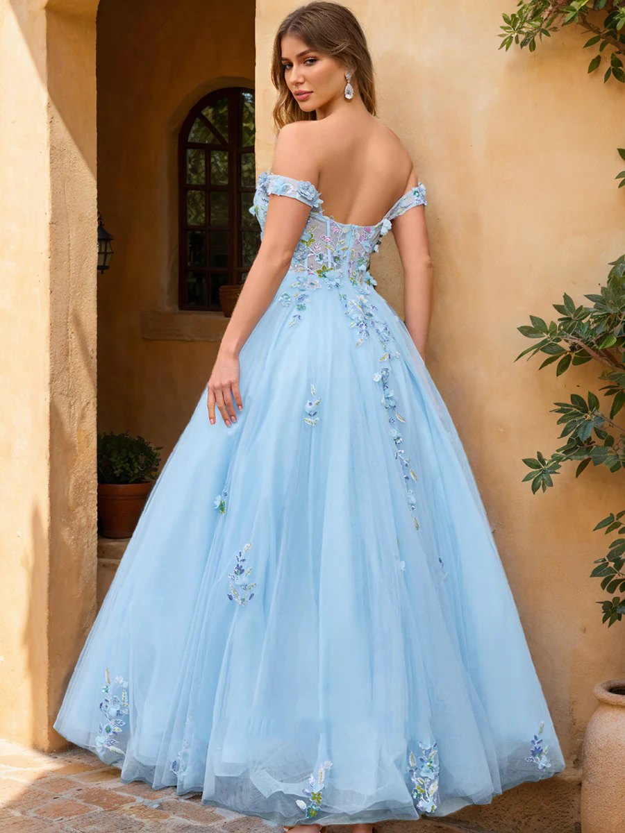 Ball Gown Off the Shoulder Short Sleeves Applique Prom Dresses - Image 2