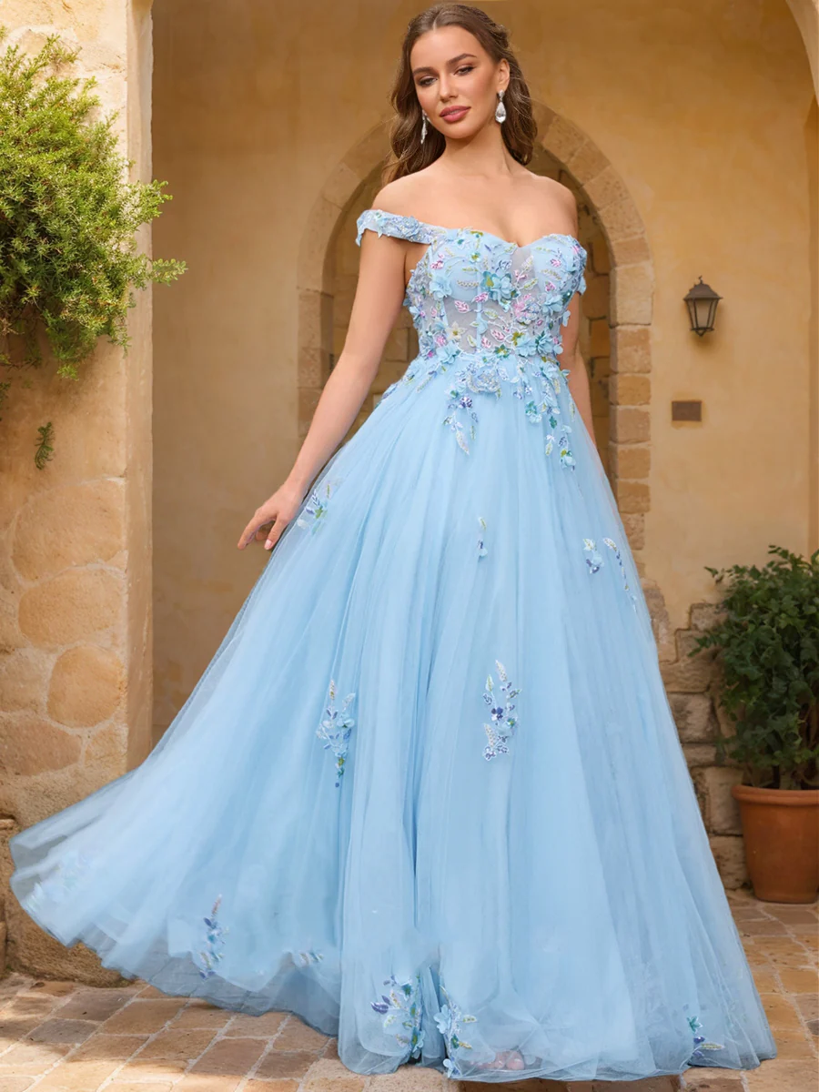 Ball Gown Off the Shoulder Short Sleeves Applique Prom Dresses - Image 5