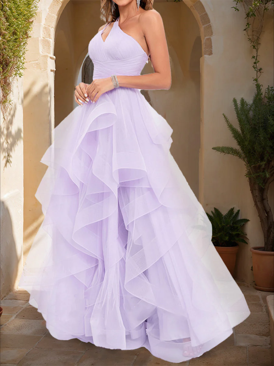 Ball Gown One-Shoulder Sleeveless Tiered Prom Dresses - Image 3