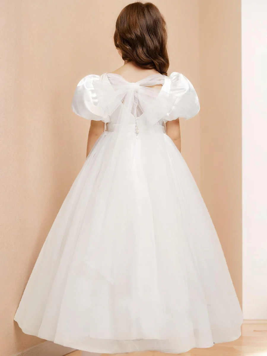 Ball-Gown/Princess V-Neck Floor-Length Short Puff Sleeves Flower Girl Dresses With Beading - Image 2