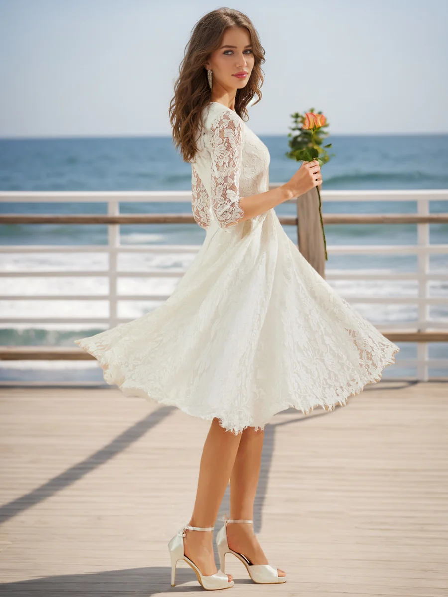 Ball Gown Scoop Half Sleeves Lace Wedding Dresses - Image 2