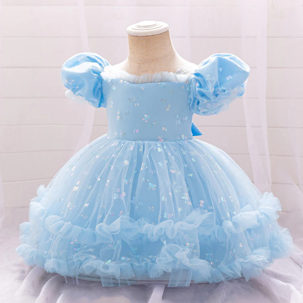 Ball Gown Scoop Puff Sleeves Tiered Flower Girl Dresses - Image 3
