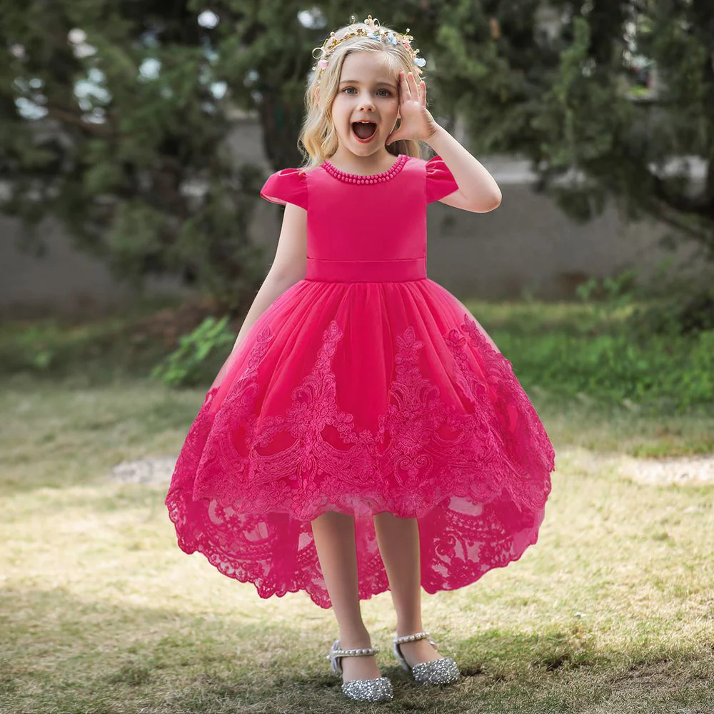 Ball Gown Scoop Short Sleeves Flower Girl Dresses with Appliques & Pearls - Image 4