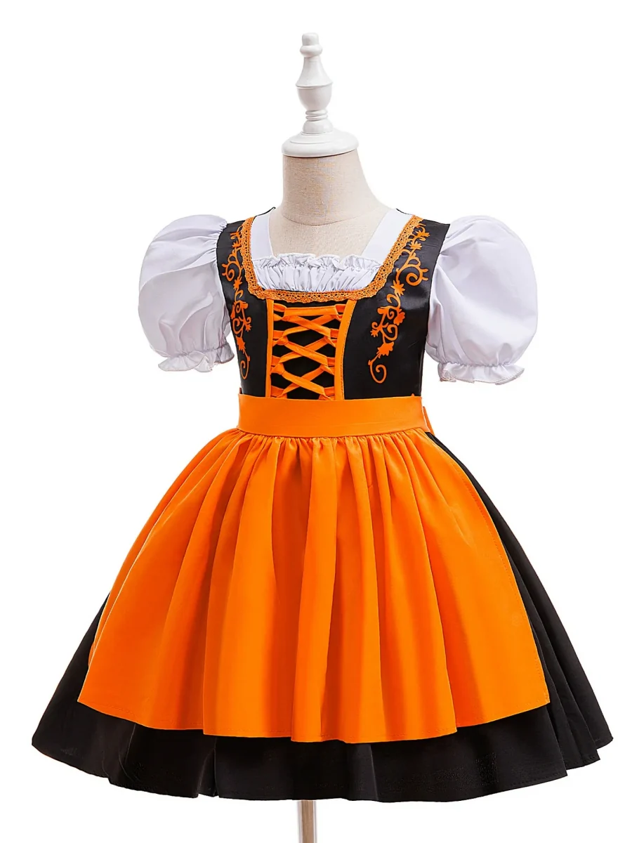 Ball Gown Square Neck Short Puff Sleeves Tea-Length Halloween Dresses for Girls With Bowknot & Pleats - Image 5