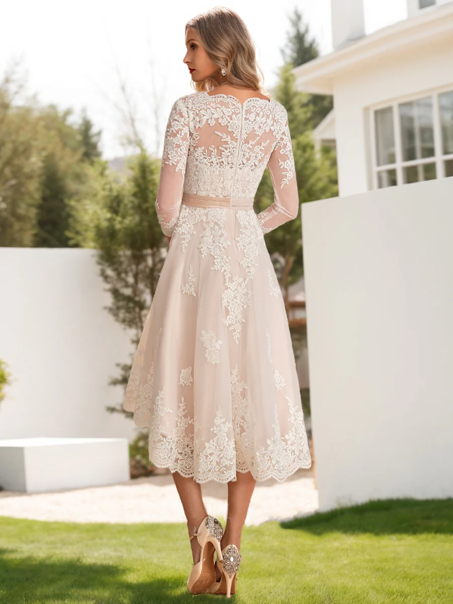 Ball Gown V-Neck 3/4 Sleeves Lace Wedding Dresses - Image 2