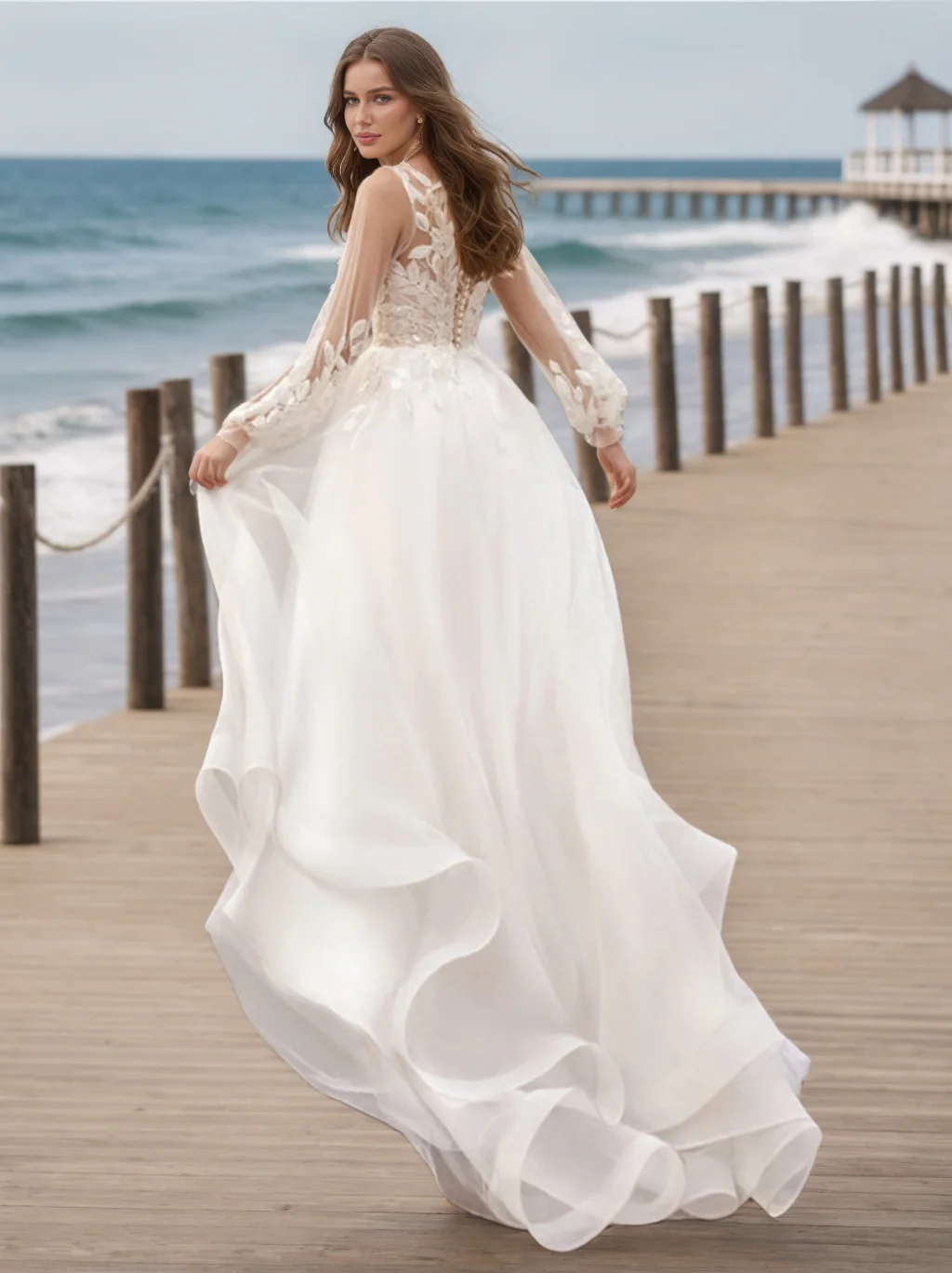 Ball Gown V-Neck Long Sleeves Lace Wedding Dresses - Image 2