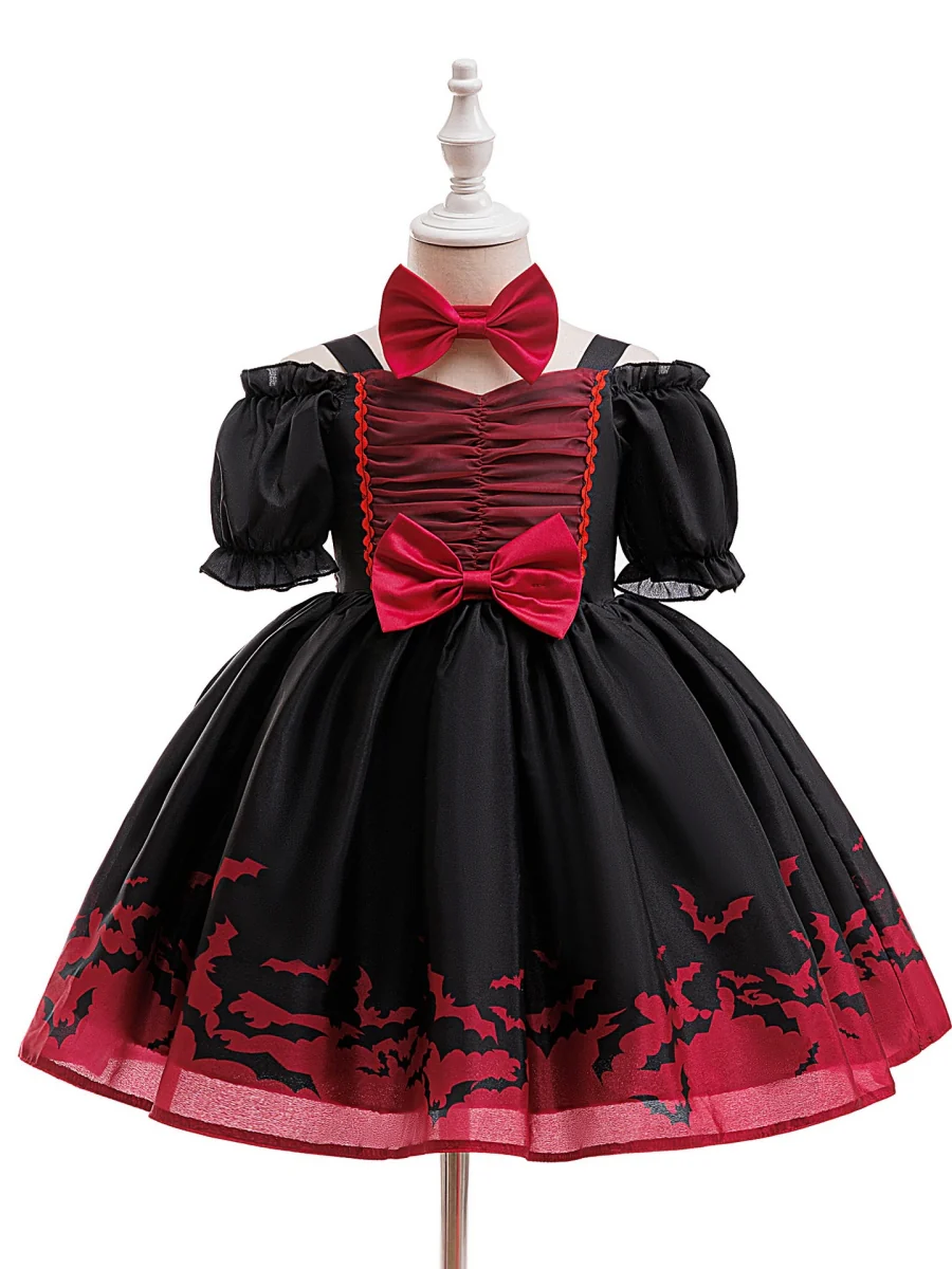 Ball Gown V-Neck Puff Sleeves Tea-Length Halloween Dresses for Girls With Bowknots & Pleats - Image 4