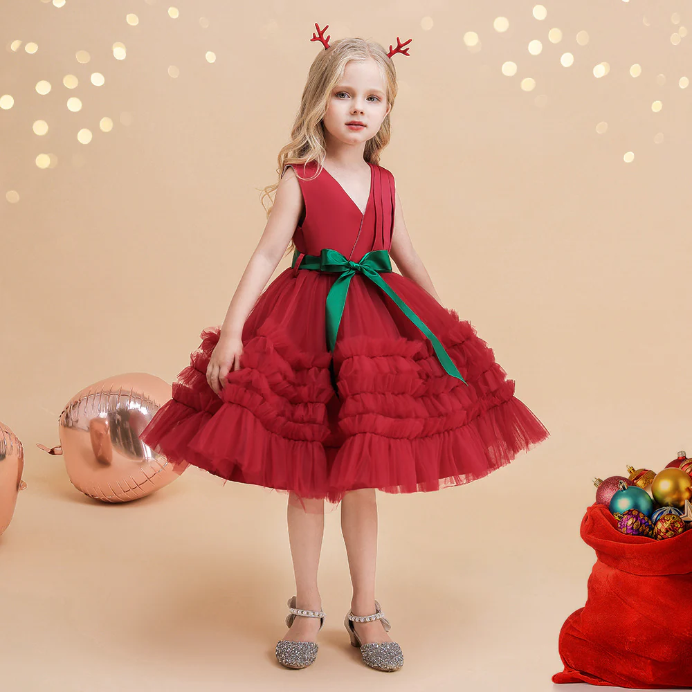 Ball Gown V-Neck Sleeveless Knee-Length Ruched Christmas Dresses for Girls - Image 3