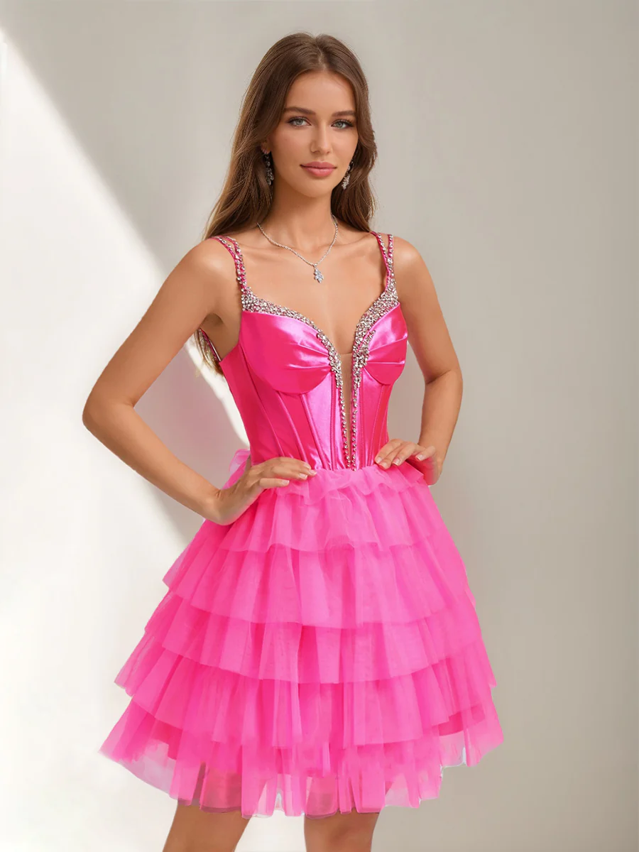 Ball Gown V-Neck Sleeveless Short Homecoming Dresses with Tiered Ruffles & Rhinestones - Image 4