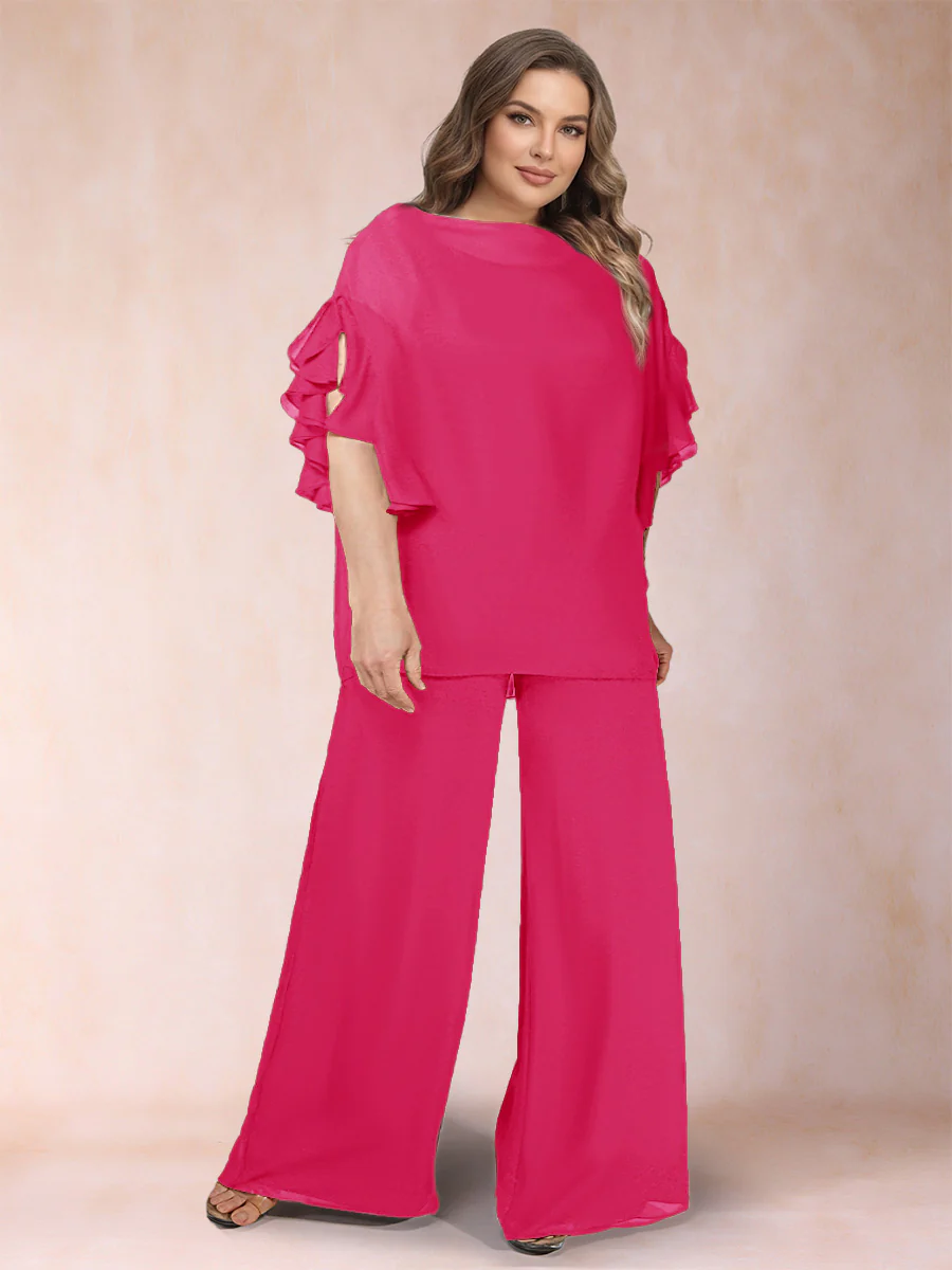 Black Chiffon Scoop Half Sleeves 2 Pieces Plus Size Pantsuits with Ruches - Image 21
