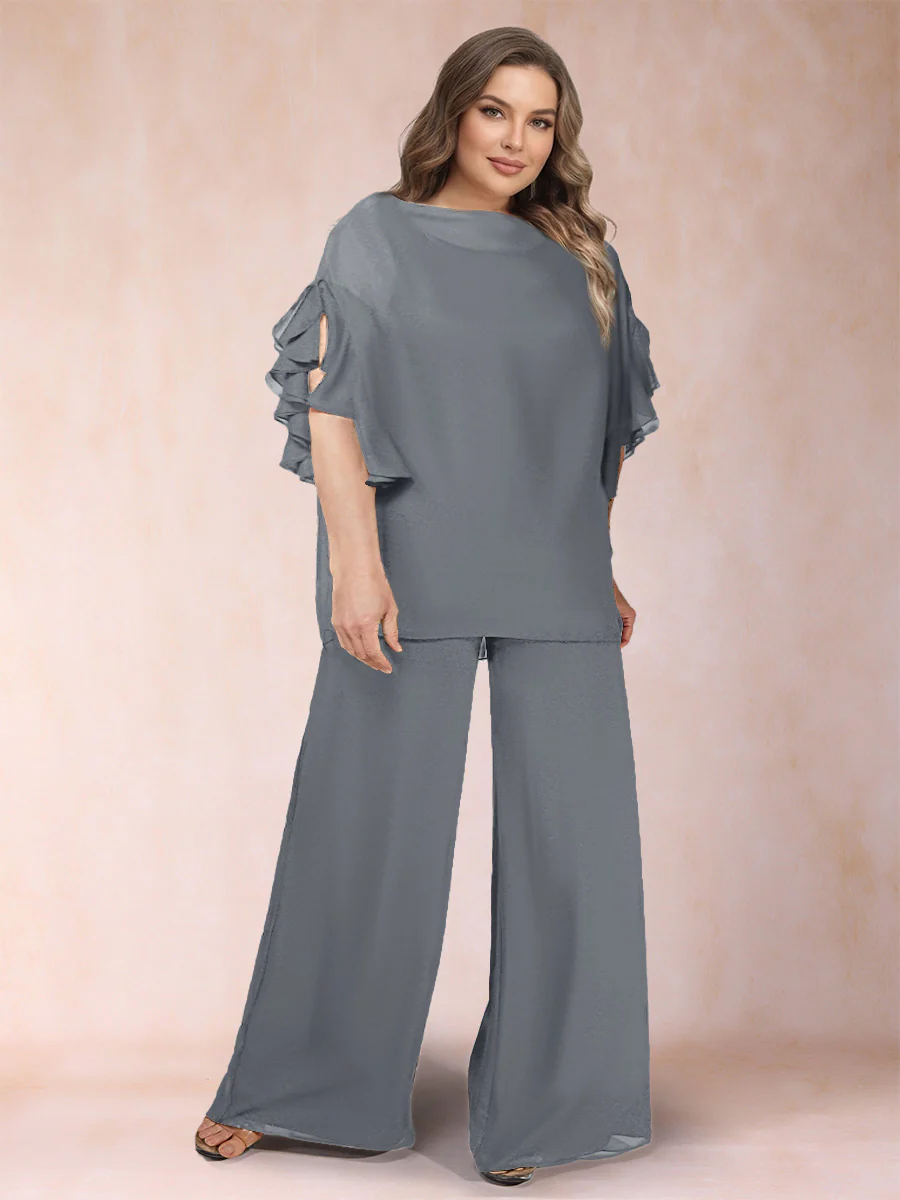 Black Chiffon Scoop Half Sleeves 2 Pieces Plus Size Pantsuits with Ruches - Image 24