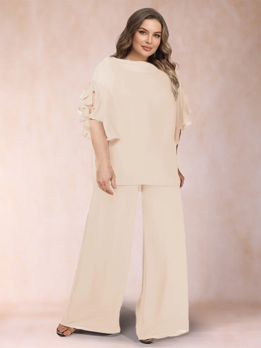Black Chiffon Scoop Half Sleeves 2 Pieces Plus Size Pantsuits with Ruches - Image 31