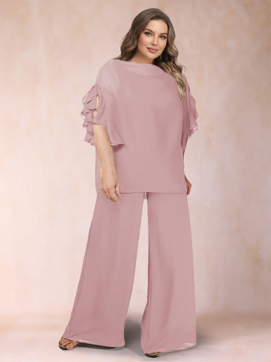 Black Chiffon Scoop Half Sleeves 2 Pieces Plus Size Pantsuits with Ruches - Image 37
