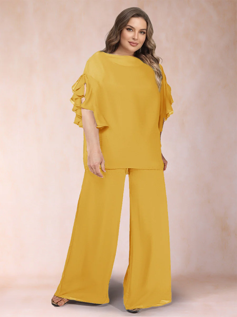 Black Chiffon Scoop Half Sleeves 2 Pieces Plus Size Pantsuits with Ruches - Image 41