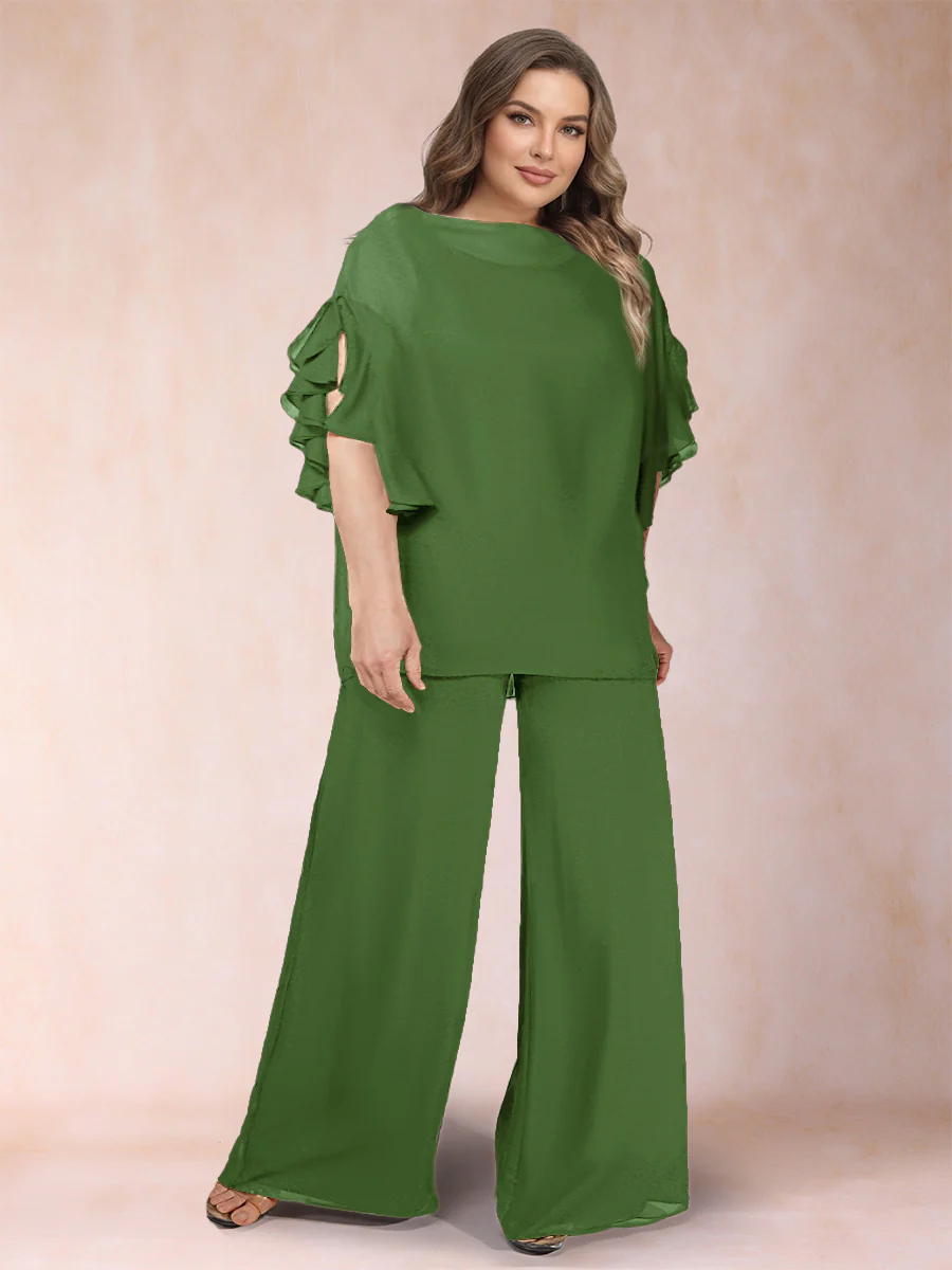 Black Chiffon Scoop Half Sleeves 2 Pieces Plus Size Pantsuits with Ruches - Image 45