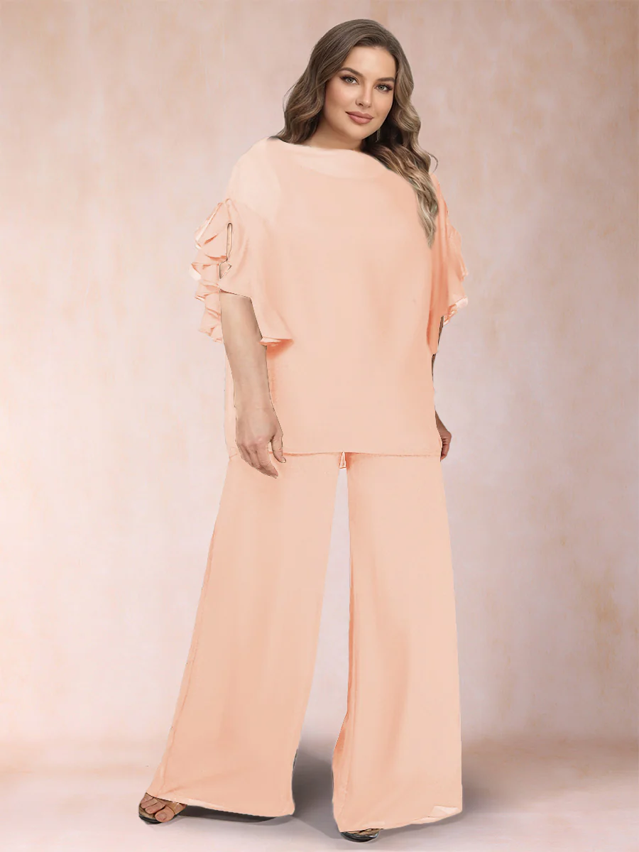 Black Chiffon Scoop Half Sleeves 2 Pieces Plus Size Pantsuits with Ruches - Image 48